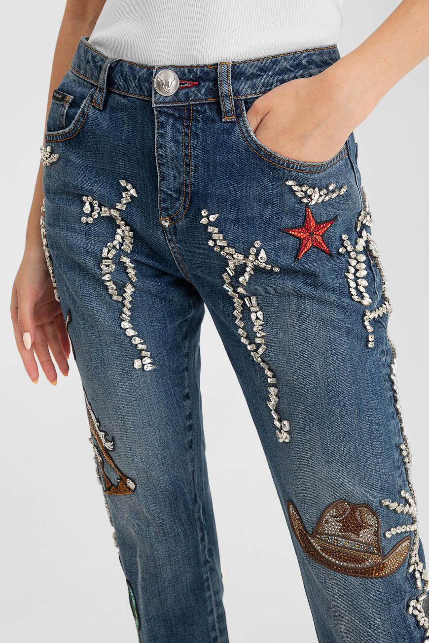 джинсы  декор кристаллами A19C WDT1263 PDE004N 08CY купить с доставкой